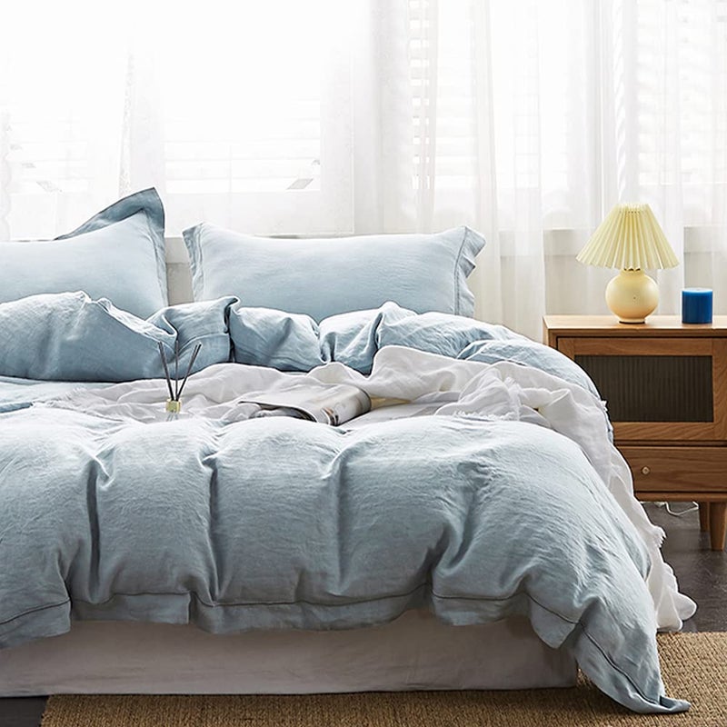 Simple&Opulence 100% Washed Linen Duvet Cover Set with Embroidered,3 Pieces Soft Farmhouse Comforter Set with Button Closure,1 Duvet Cover and 2 Pillowshams(King,Dusty Blue) - Image 1
